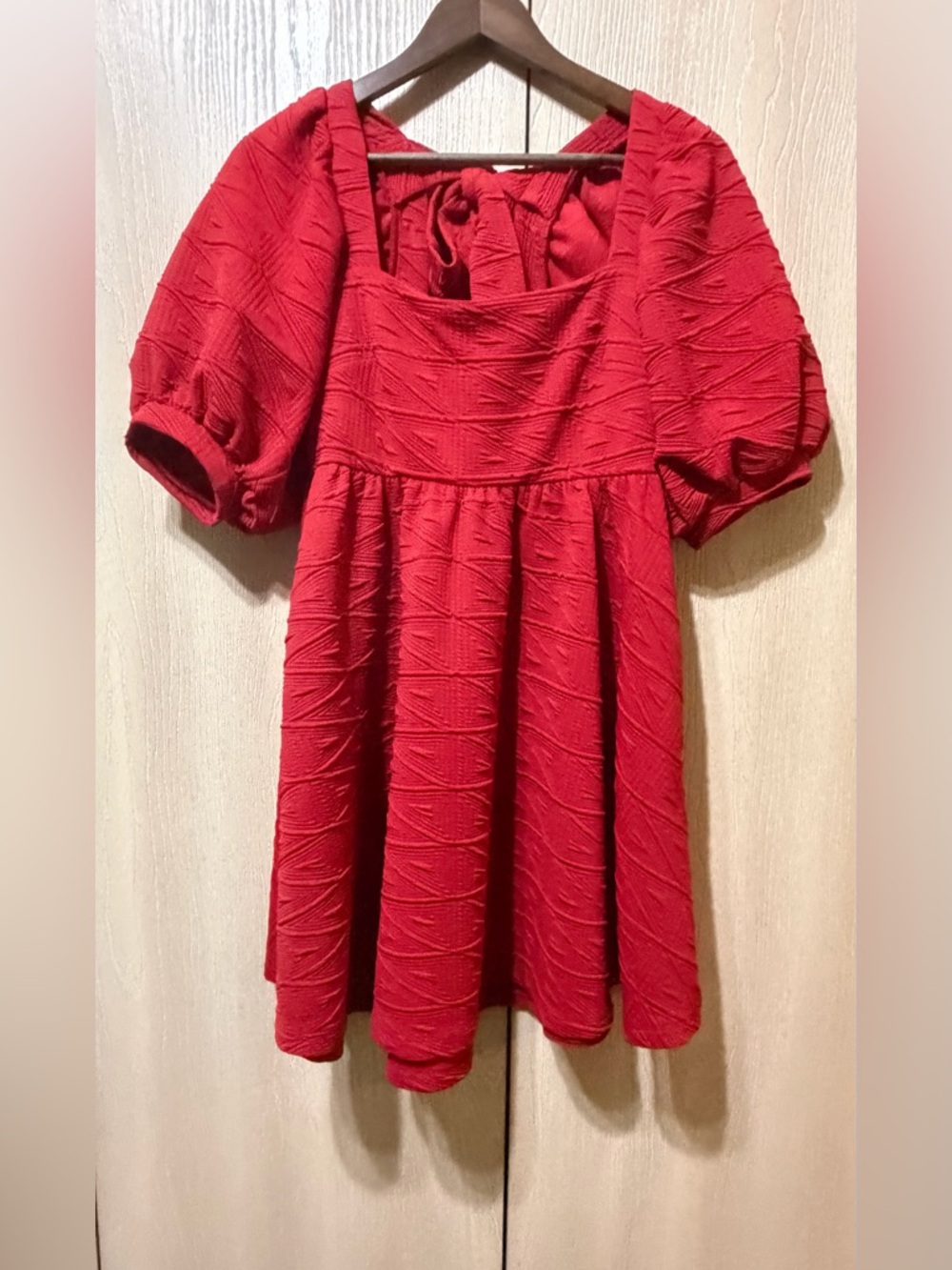 Free People Red Textured Puff-Sleeve  Dress